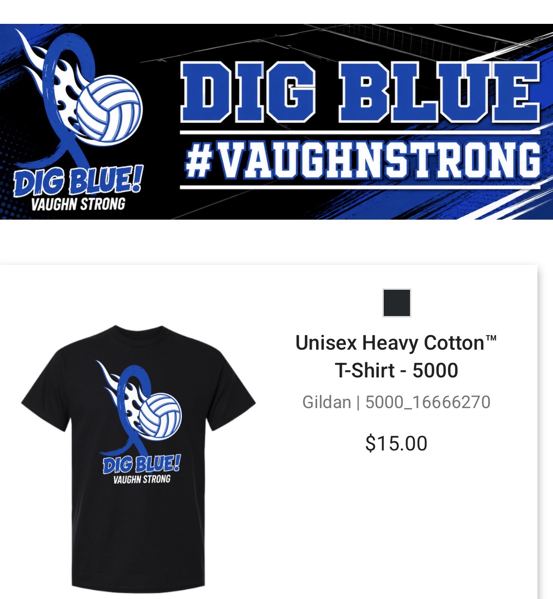 A black t-shirt featuring a blue volleyball graphic with the text 'DIG BLUE! VAUGHN STRONG' displayed alongside its product details.