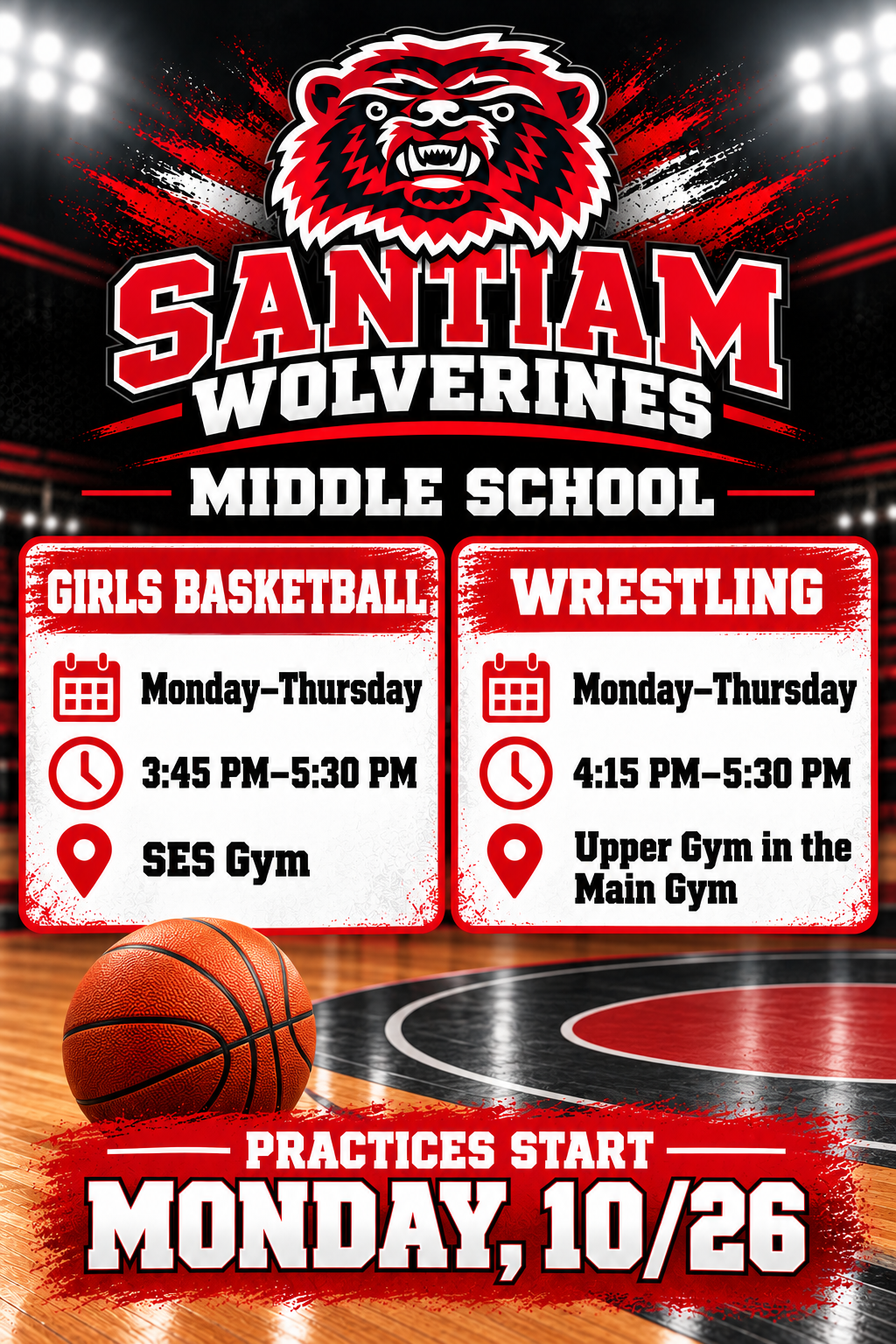 MS Girls Basketball and Wrestling Practices *STARTS 10/26*