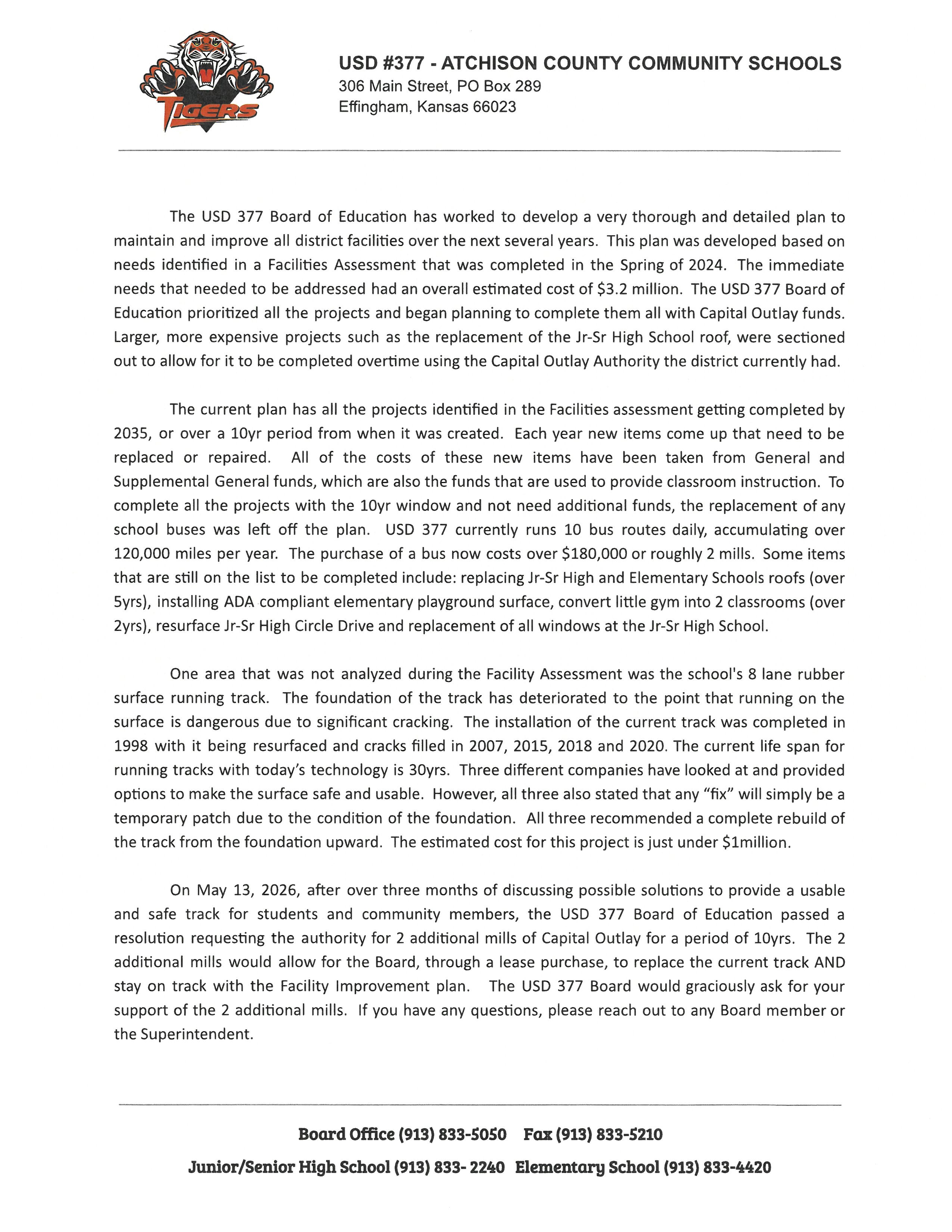 Letter regarding USD 377's recently published resolution