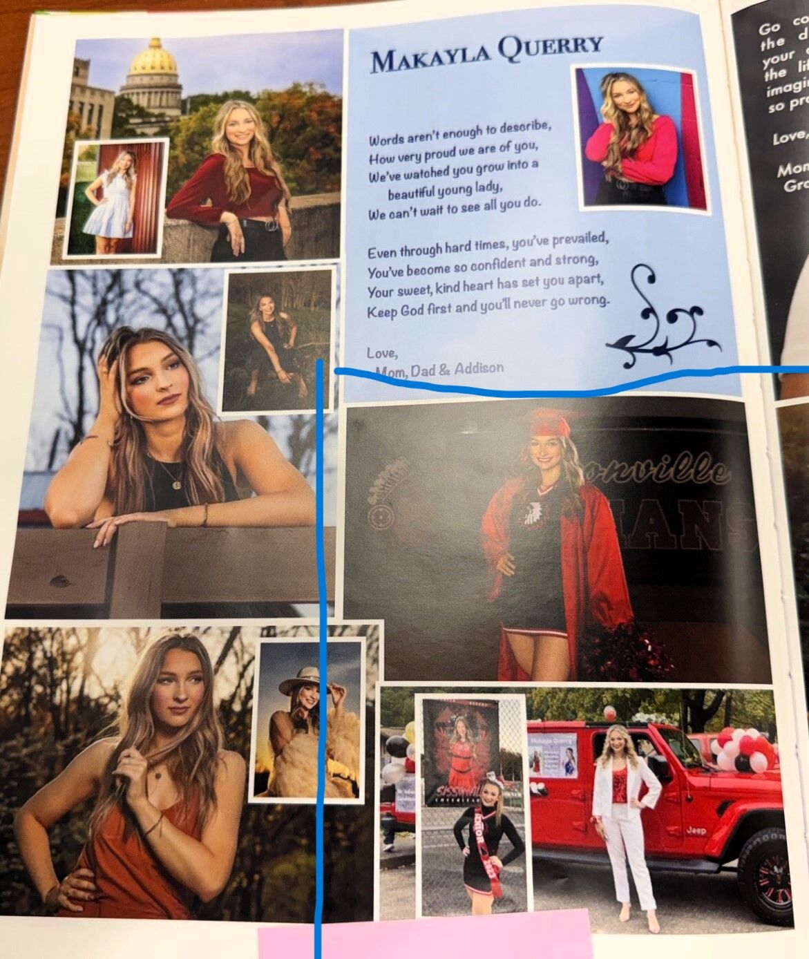 A yearbook page features multiple photos of a young woman named Makayla Querry, with a congratulatory message from her family.
