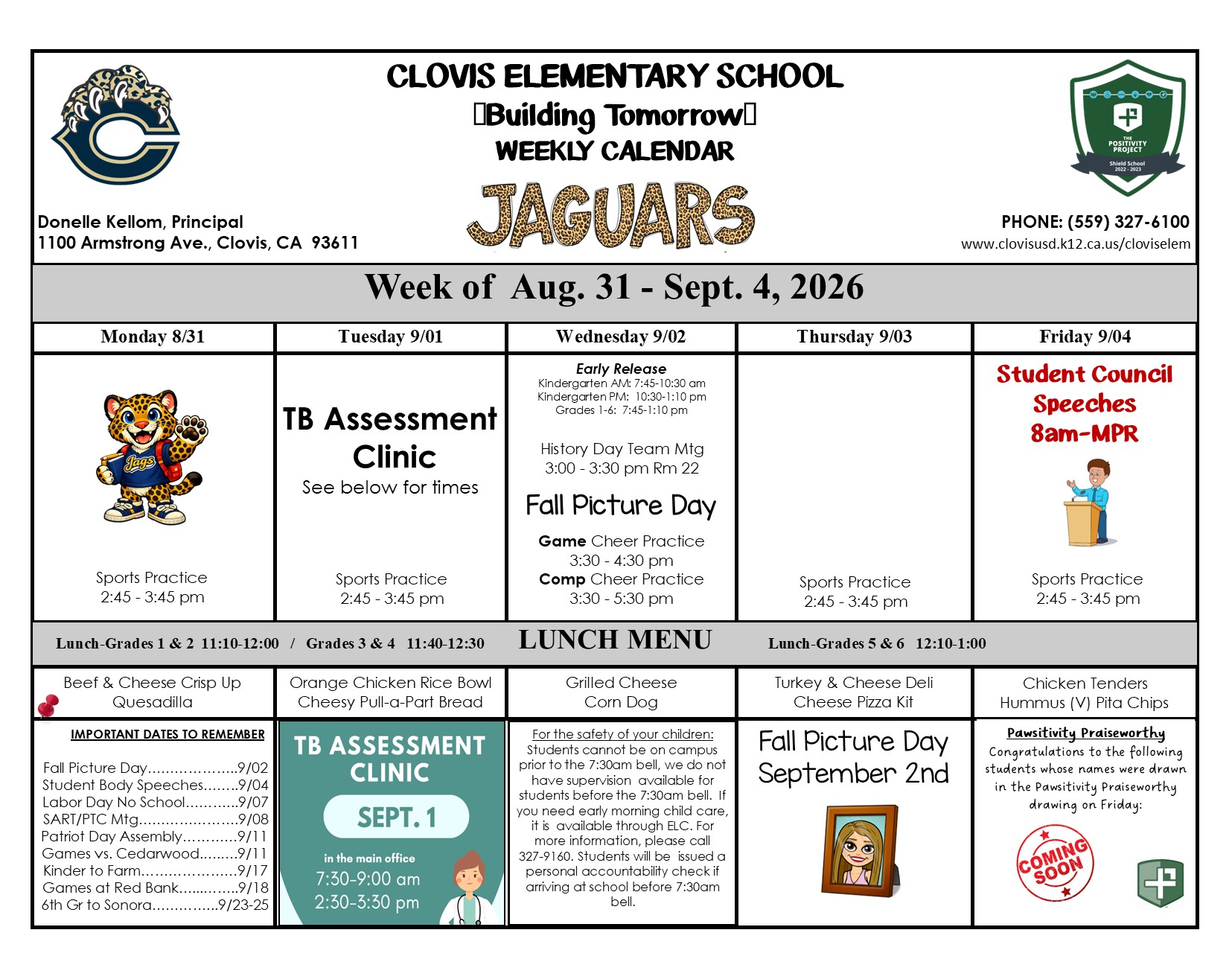 Weekly Calendar August 31 - Sept 4