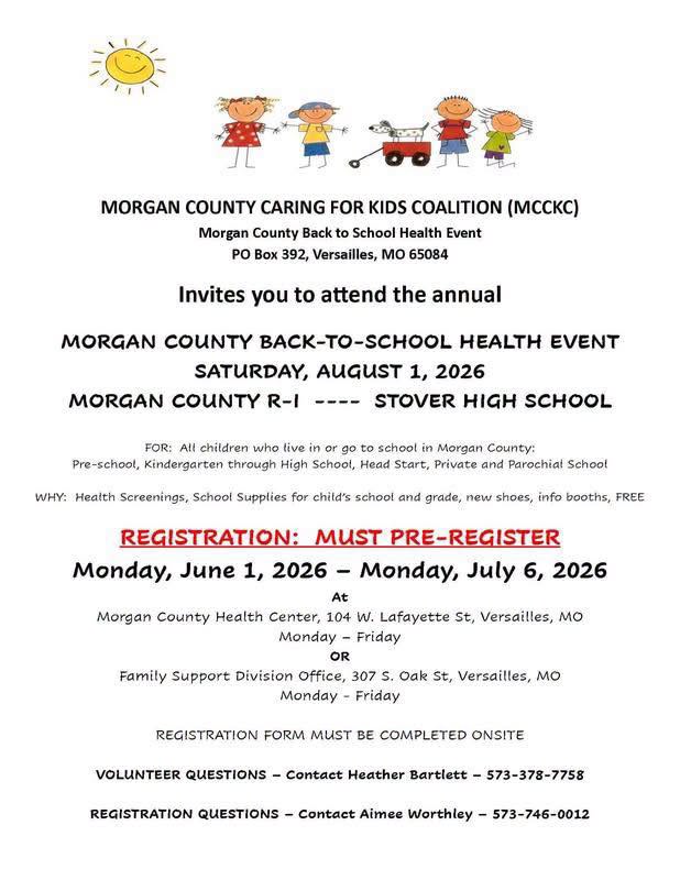 Announcement for the Morgan County Back-to-School Health Event on August 1, 2026.