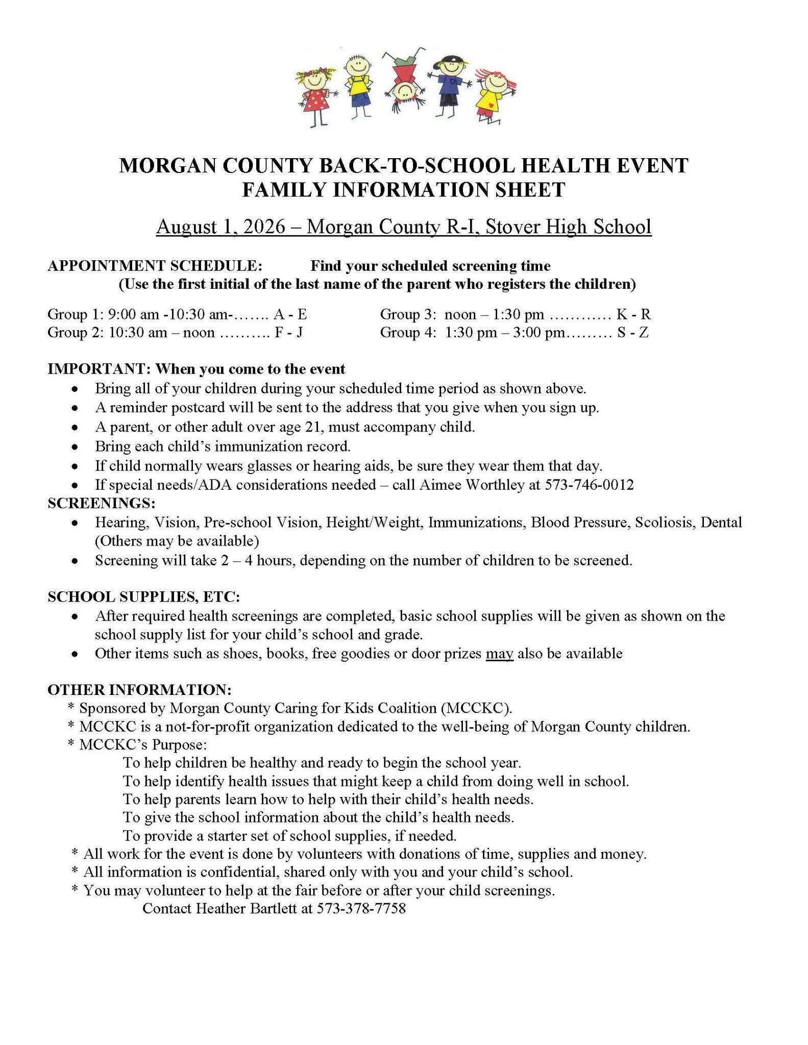 Morgan County Back-to-School Health Event Family Information Sheet for August 1, 2026.