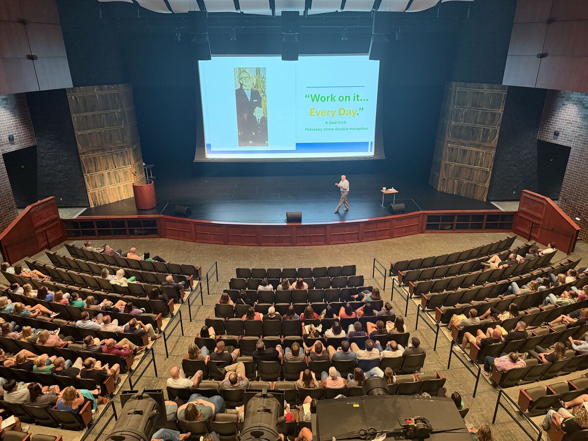 A speaker presents on a stage in an auditorium to an audience seated in rows.