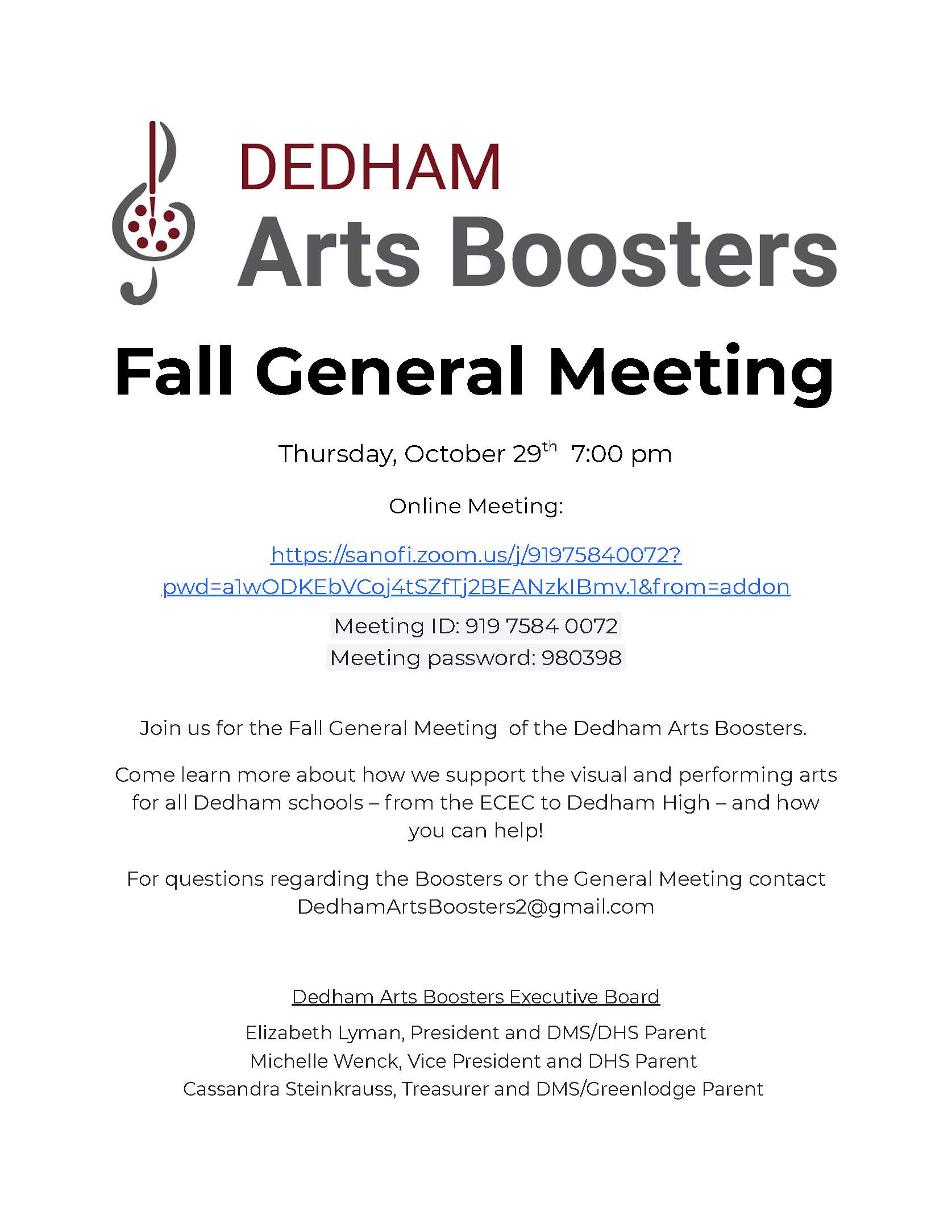 Dedham Arts Boosters - Fall General Meeting - 10/29/26