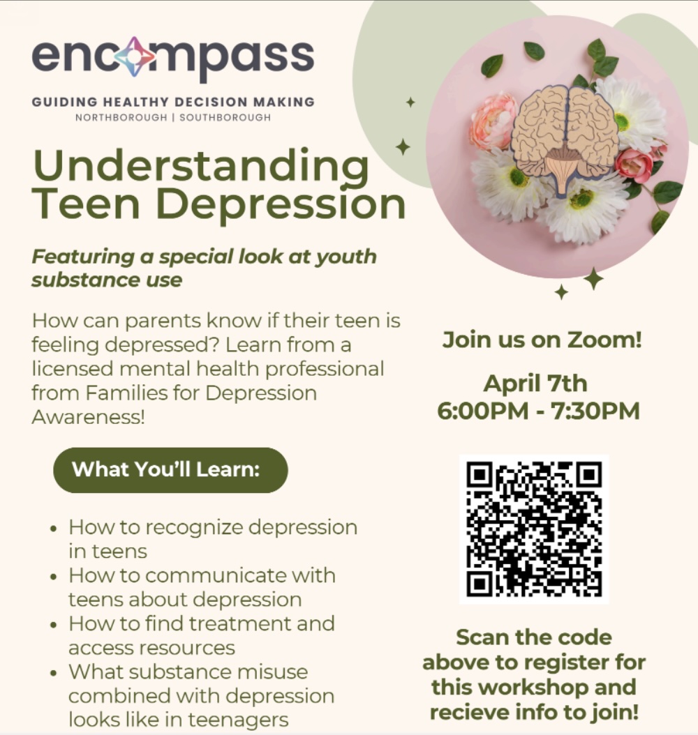 A flyer for a Zoom workshop titled 'Understanding Teen Depression' hosted by Encompass.