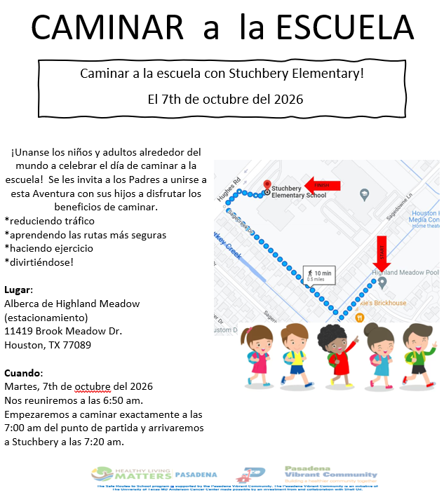 A Spanish-language informational flyer inviting families to join a Walk to School event on October 7, 2026, featuring a route map and event details.