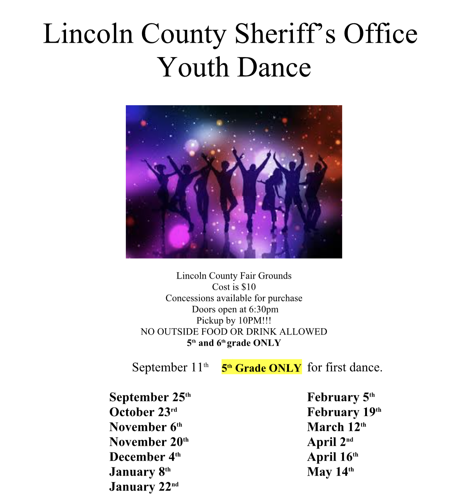Lincoln County Sheriff’s Office Youth Dance Calendar