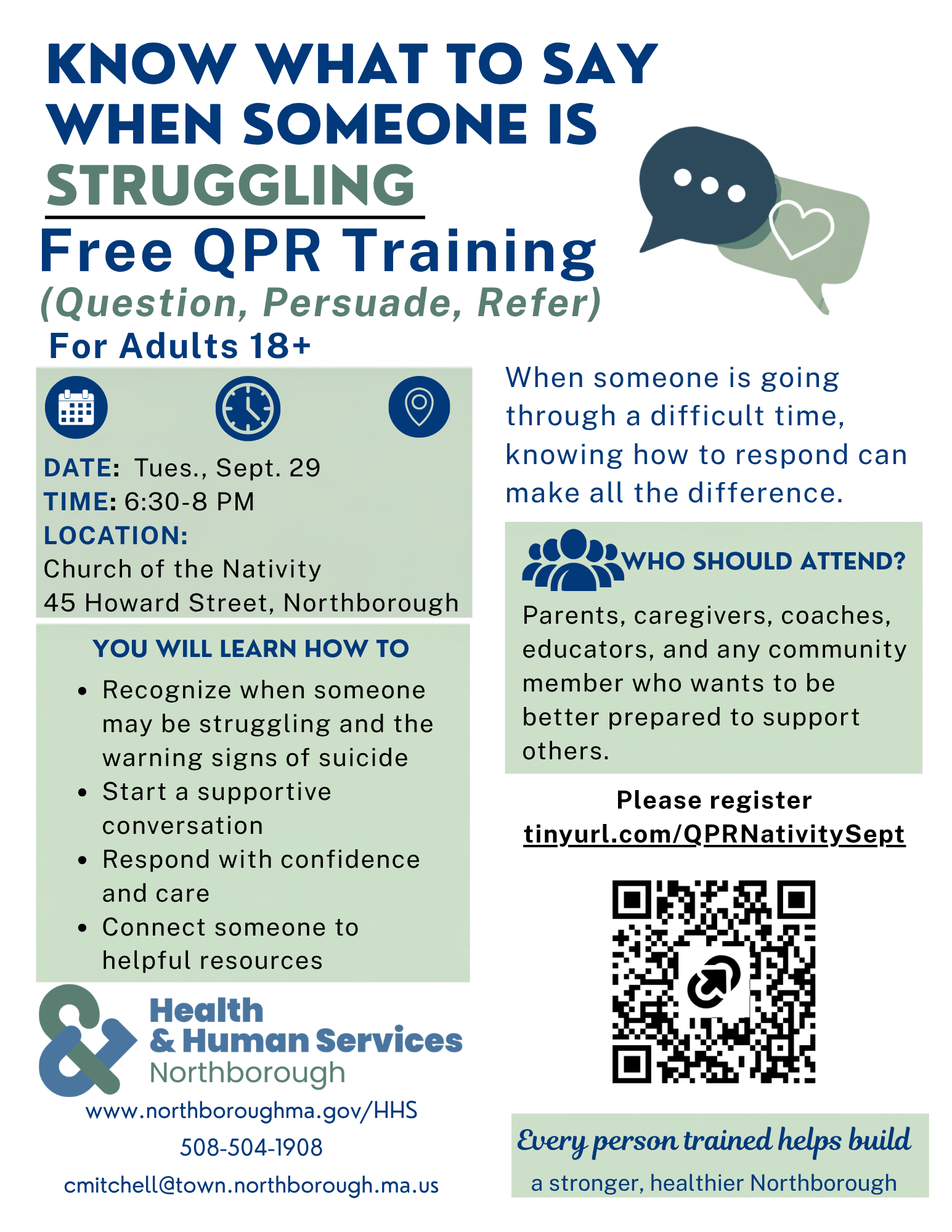 An informational flyer for free QPR suicide prevention training for adults on Sept. 29 at the Church of the Nativity.