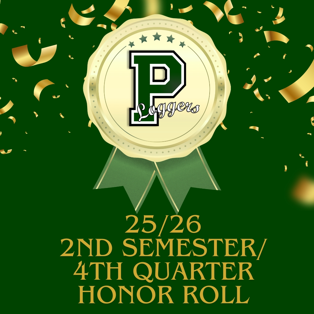 A gold medal with a green 'P' and 'Loggers' text is displayed on a green background with falling gold confetti.