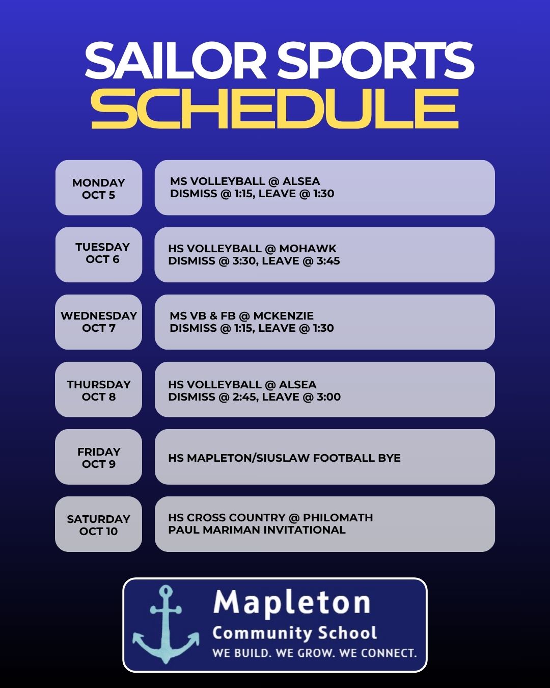 Weekly Sailor Sports Schedule 
