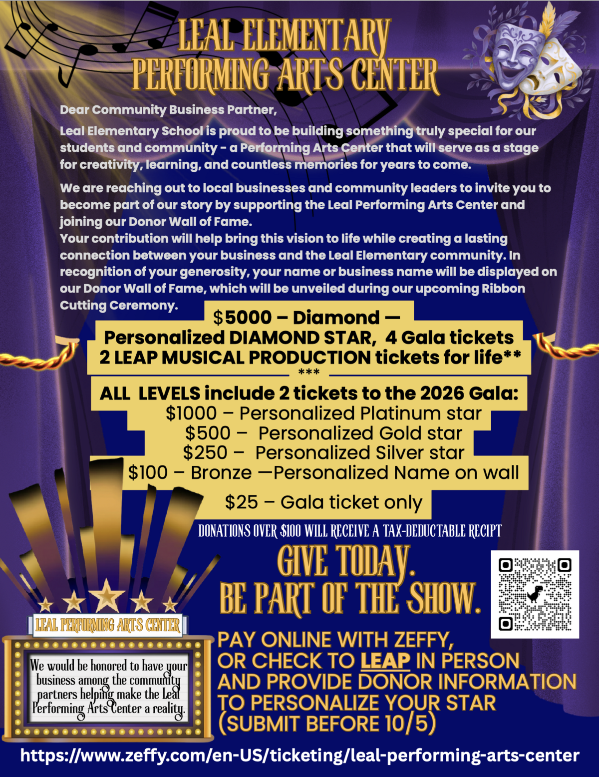 A fundraising flyer for the Leal Elementary Performing Arts Center, detailing donation tiers from $25 to $5000 and featuring theatre-themed graphics.