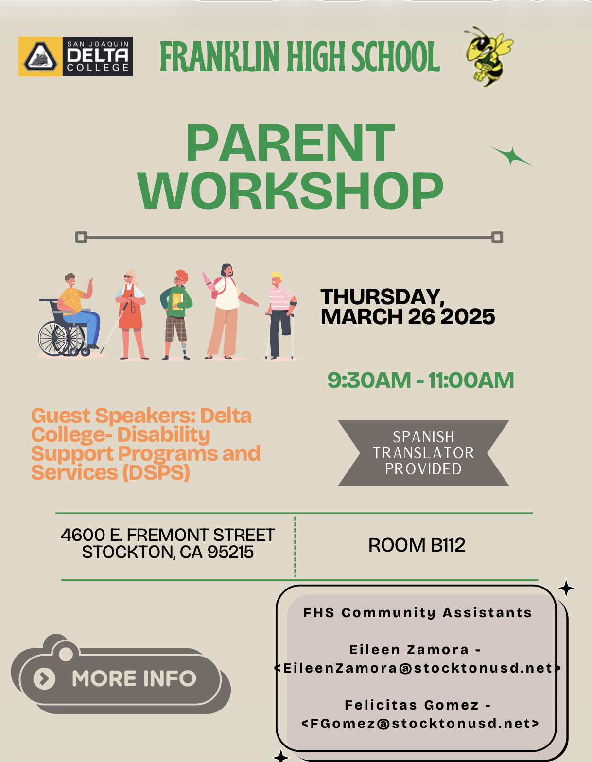 Poster for a Parent Workshop at Franklin High School, featuring guest speakers from Delta College's Disability Support Programs and Services.