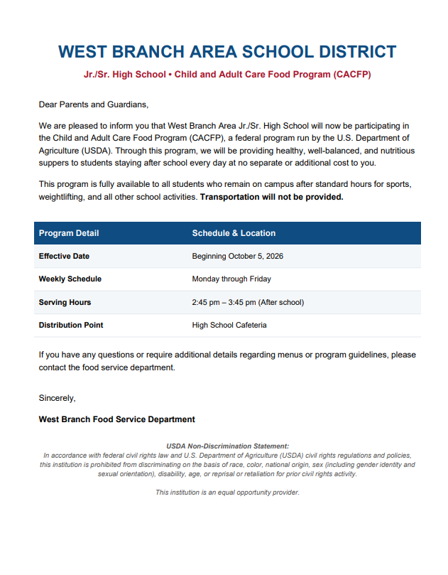Jr./Sr. High School - Child and Adult Care Food Program (CACFP)