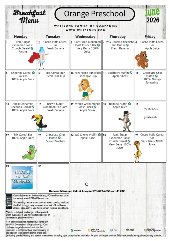 June Preschool Breakfast & Lunch Calendars