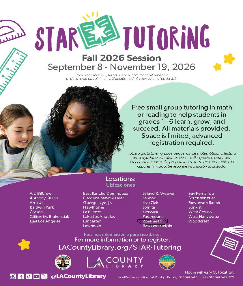 Free Tutoring at Rosemead Library (Grades 1-6)