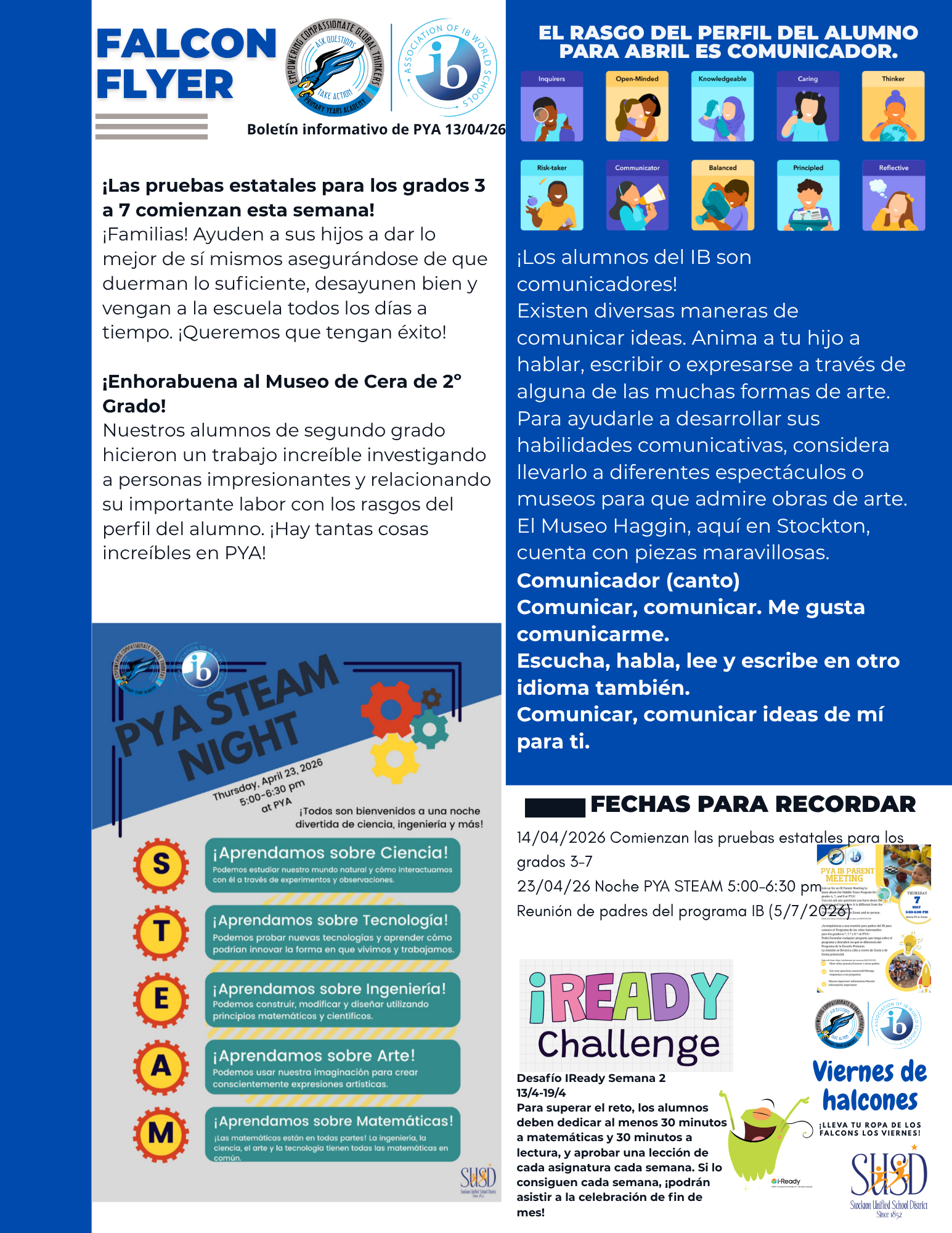 A flyer for Falcon Flyer, a newsletter from PYA, dated April 13, 2026, announcing upcoming events and student achievements.