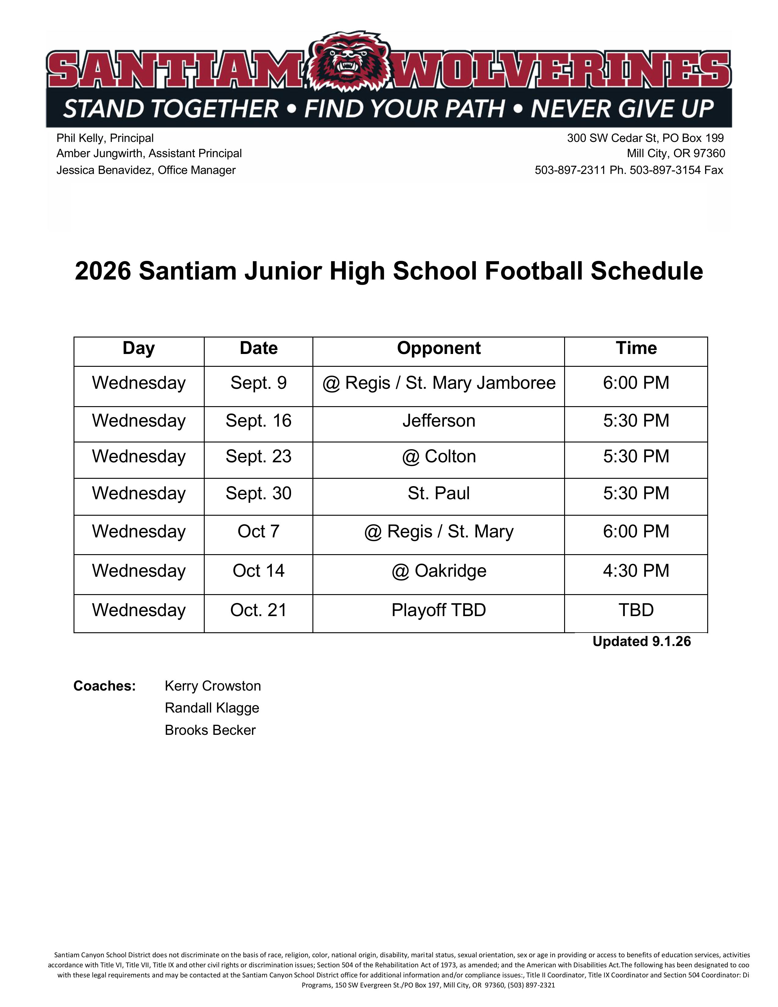 JH Fall Sport Schedules