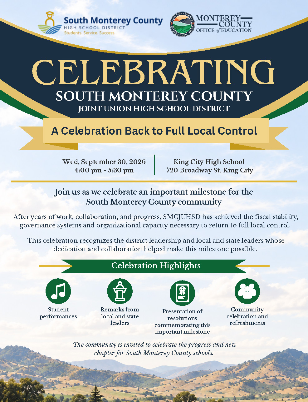 Celebrating South Monterey County Joint Union High School District’s return to full local control!  
