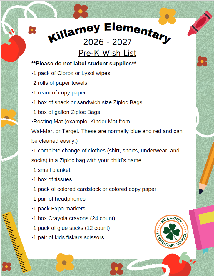 Pre-K School Supply List 26-27