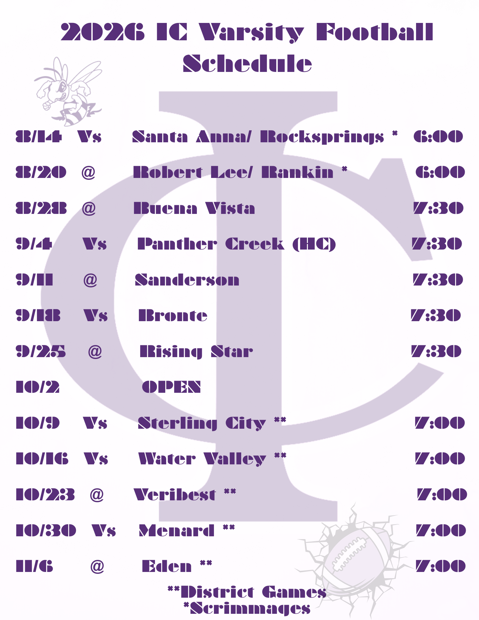 Tentative 2026 IC Varsity Football Schedule