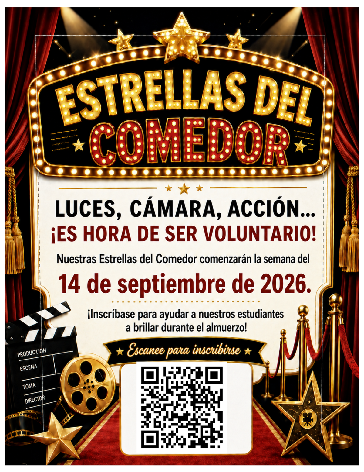 A movie-themed poster announces 'Estrellas del Comedor' (Stars of the Cafeteria) and calls for volunteers starting September 14, 2026.