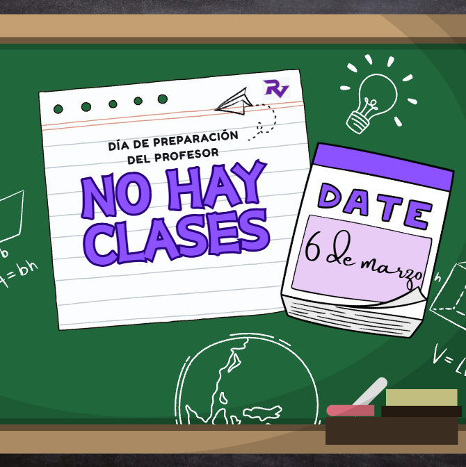 A blackboard displays a note saying 'NO HAY CLASES' (No Classes) and a calendar showing '6 de marzo' (March 6th).