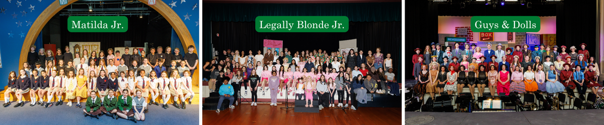 Crew and cast pose on stage for the productions of Matilda Jr., Legally Blonde Jr., and Guys & Dolls.