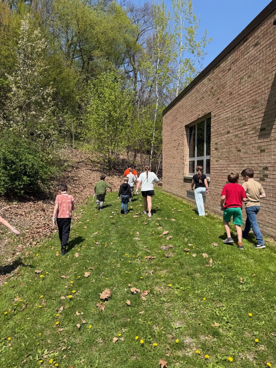 A group of children walk across a grassy lawn next to a brick building.