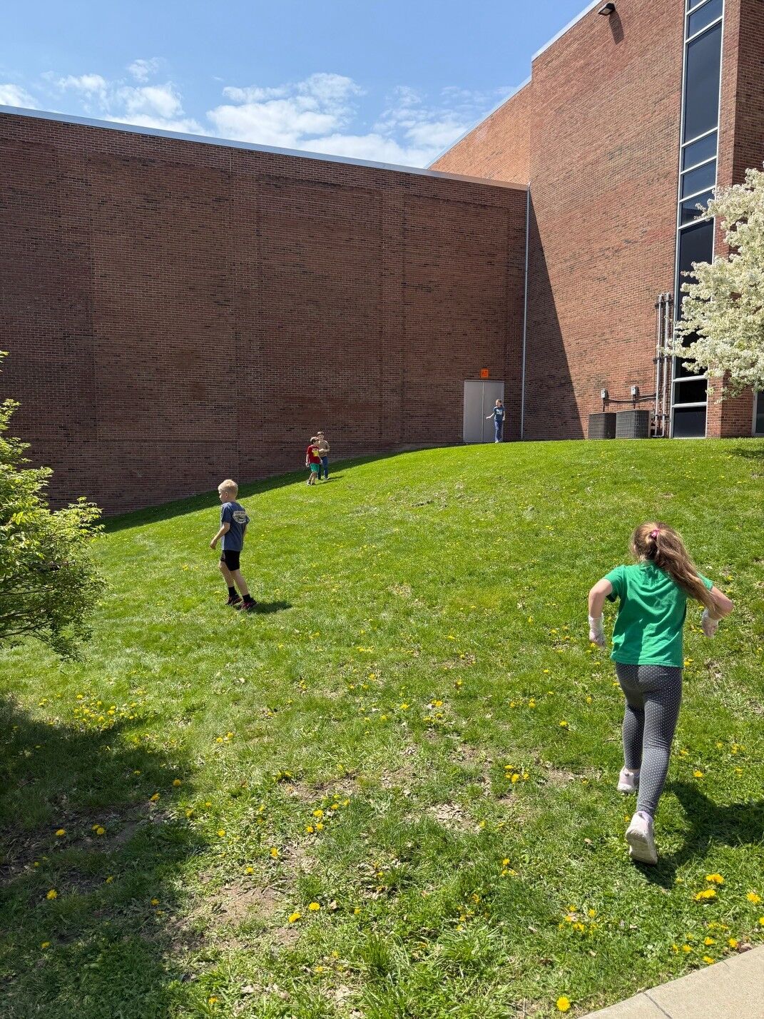 Children play on a grassy lawn in front of a brick building on a sunny day.