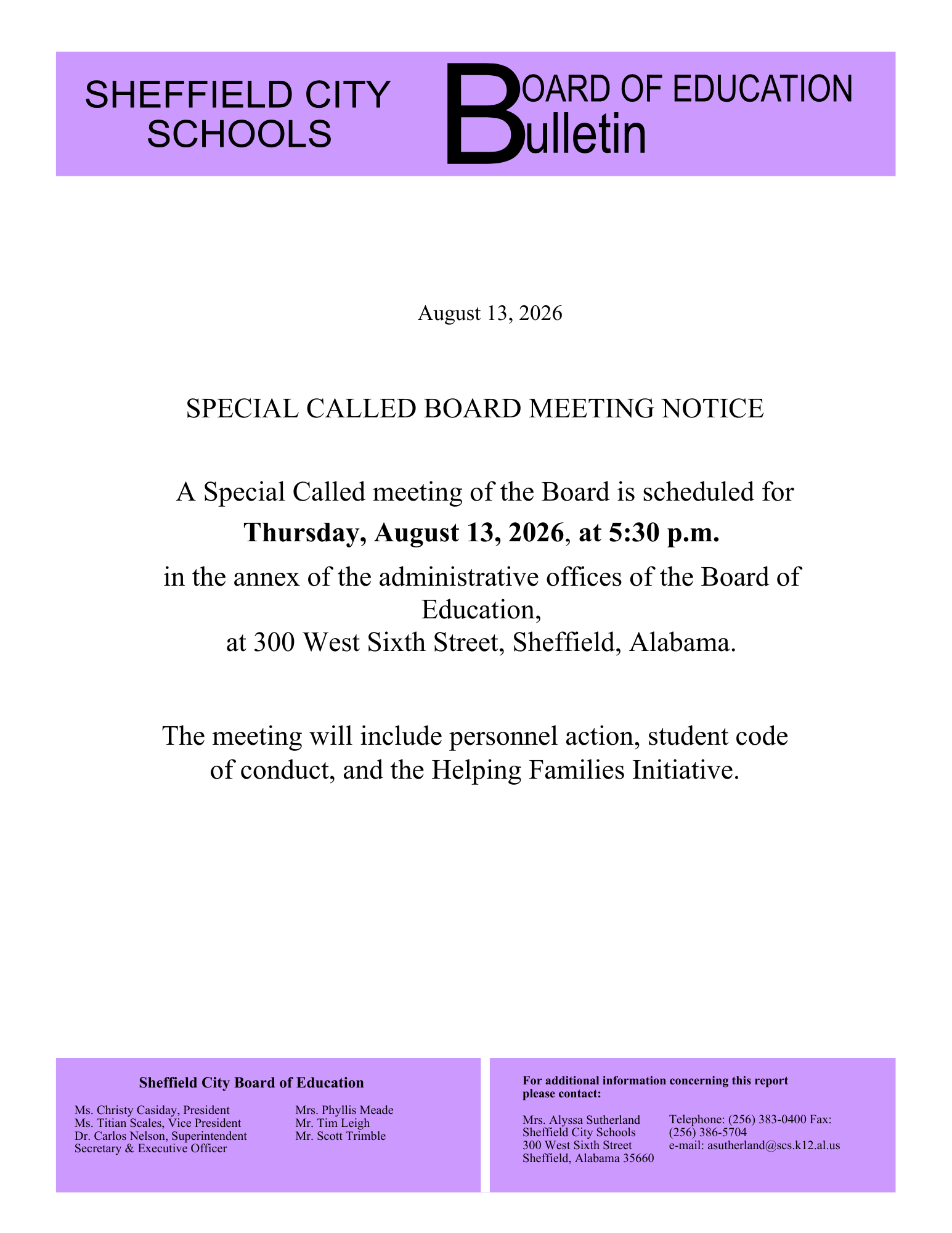 Special Called Board Meeting August 13th