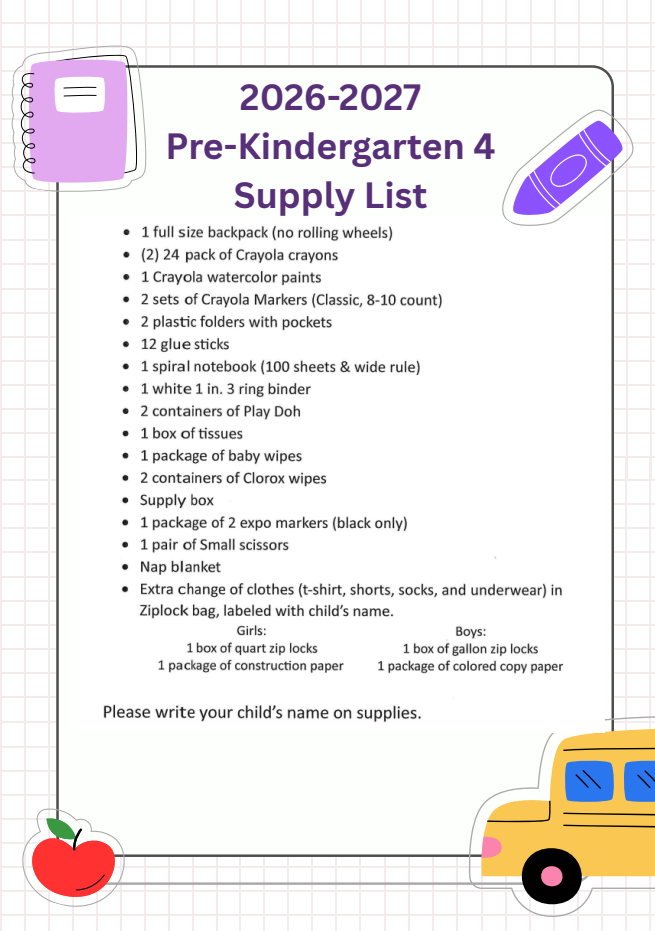 2026-2027 Pre-Kindergarten 4 Supply List with items like backpack, crayons, markers, and notebooks.