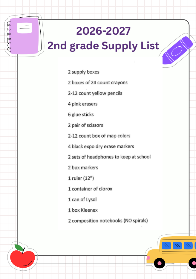 2026-2027 2nd grade supply list with school-themed illustrations.