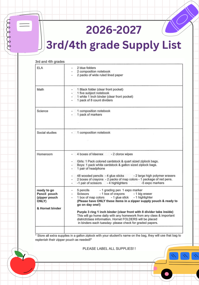 A school supply list for 3rd and 4th graders for the 2026-2027 school year.