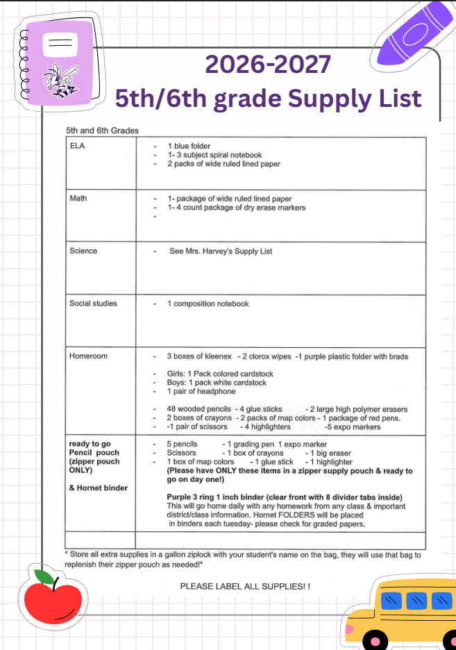 A school supply list for 5th and 6th graders for the 2026-2027 school year.