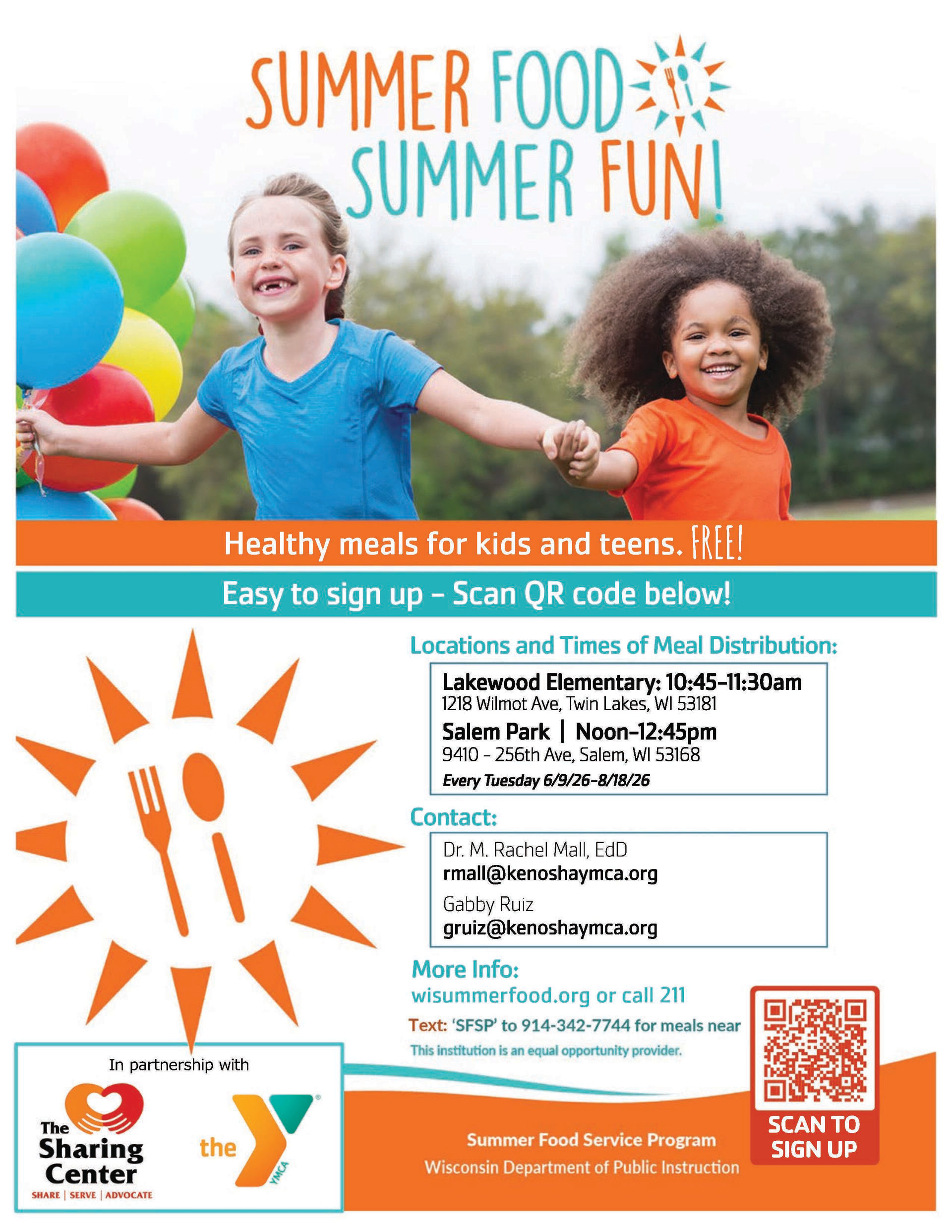 Two smiling children hold hands in front of colorful balloons, with text "SUMMER FOOD SUMMER FUN!" above.