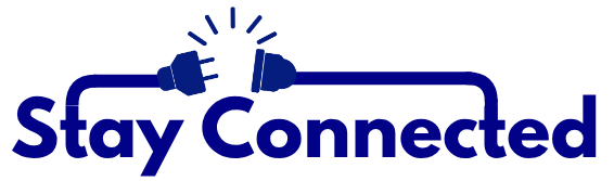 The words 'Stay Connected' in bold blue text with a graphic of two electrical plugs about to connect.