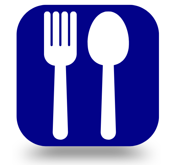 A white fork and spoon icon on a dark blue background.