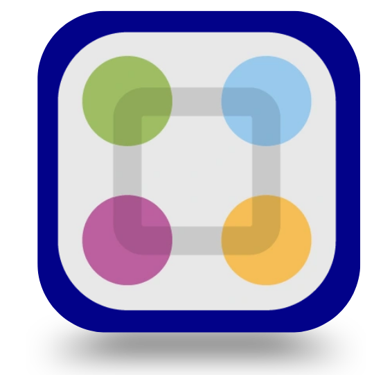 A square icon with a dark blue border contains a light gray background with four colored circles and connecting lines.