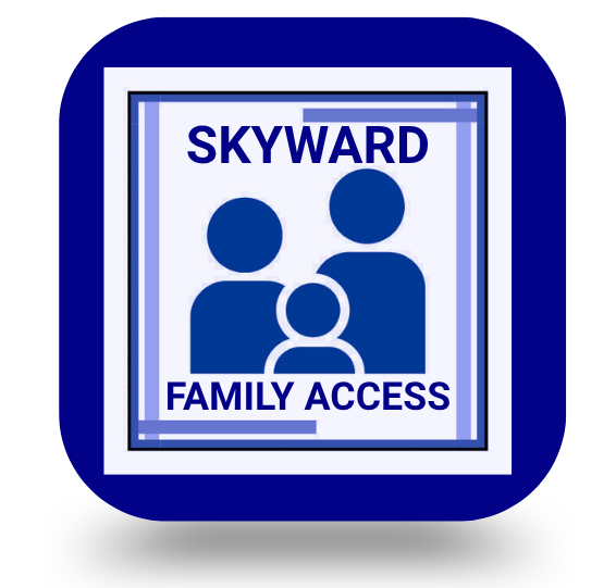 A blue and white graphic displays the text 'SKYWARD FAMILY ACCESS' above a silhouette of three people.