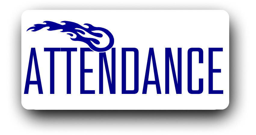 The word ATTENDANCE in bold blue letters with a blue flame graphic above.