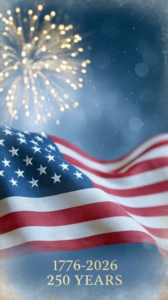 The American flag waves with fireworks in the background, celebrating 250 years from 1776-2026.