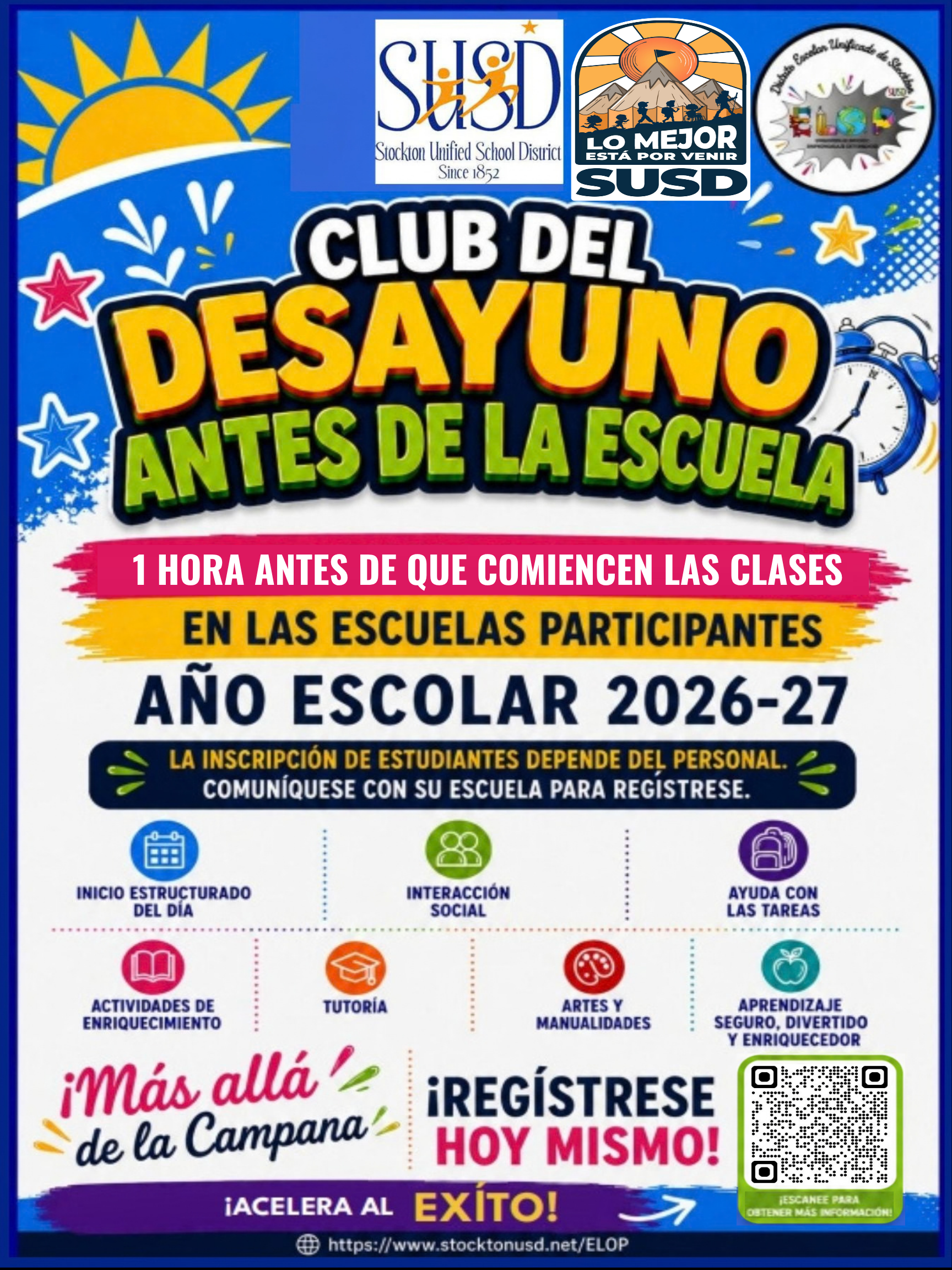 A colorful Spanish flyer for a before-school breakfast club in Stockton Unified School District for the 2026-27 school year, featuring activities and a QR code.
