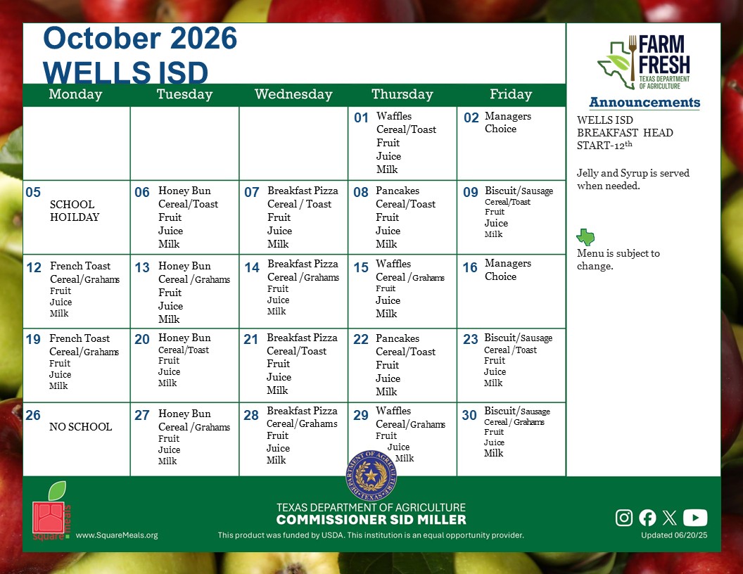 October Cafeteria Menu