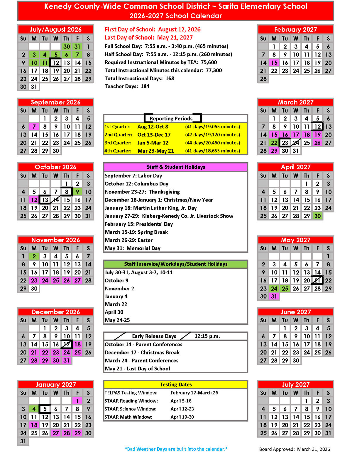 2026-2027 School Calendar