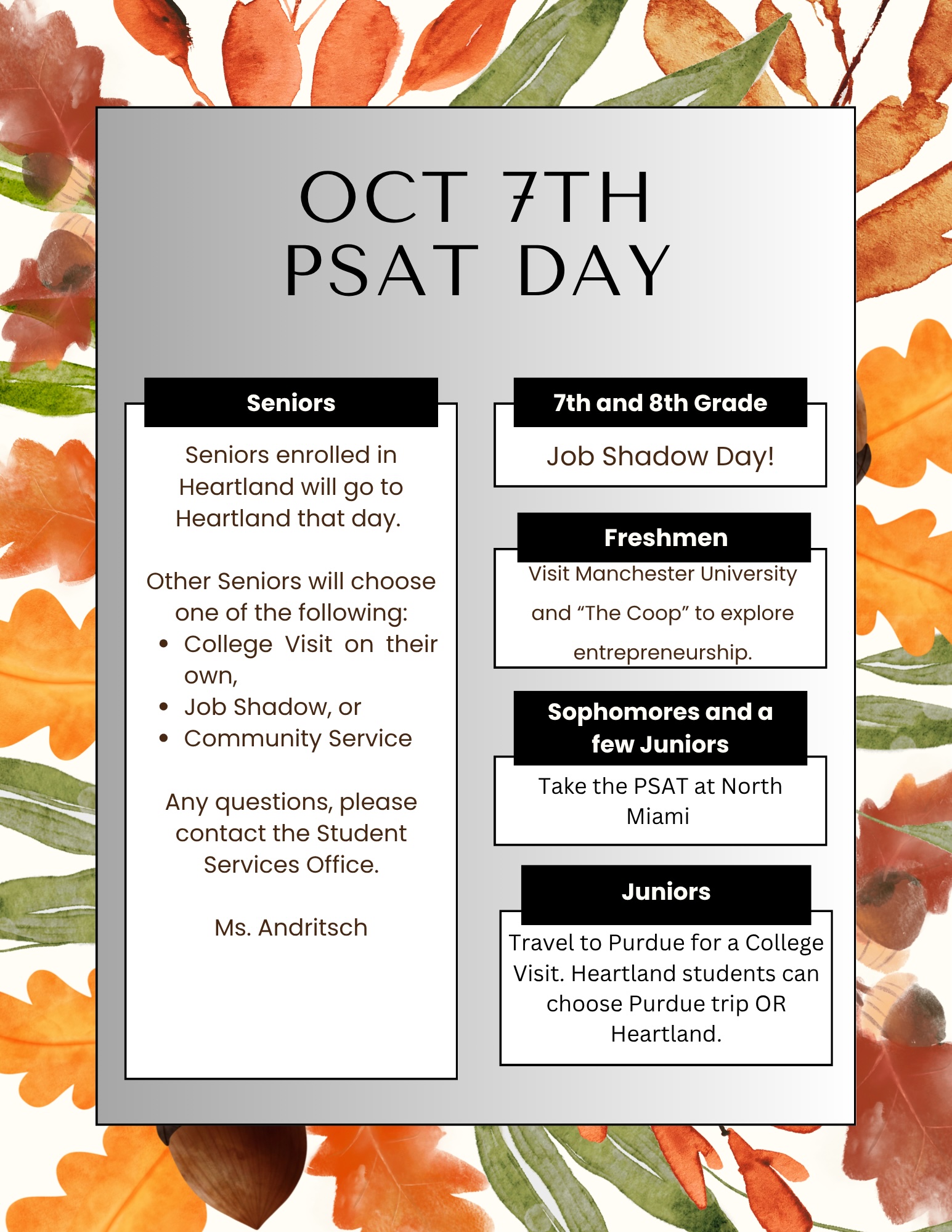 Oct. 7th PSAT/Field Trip Reminder