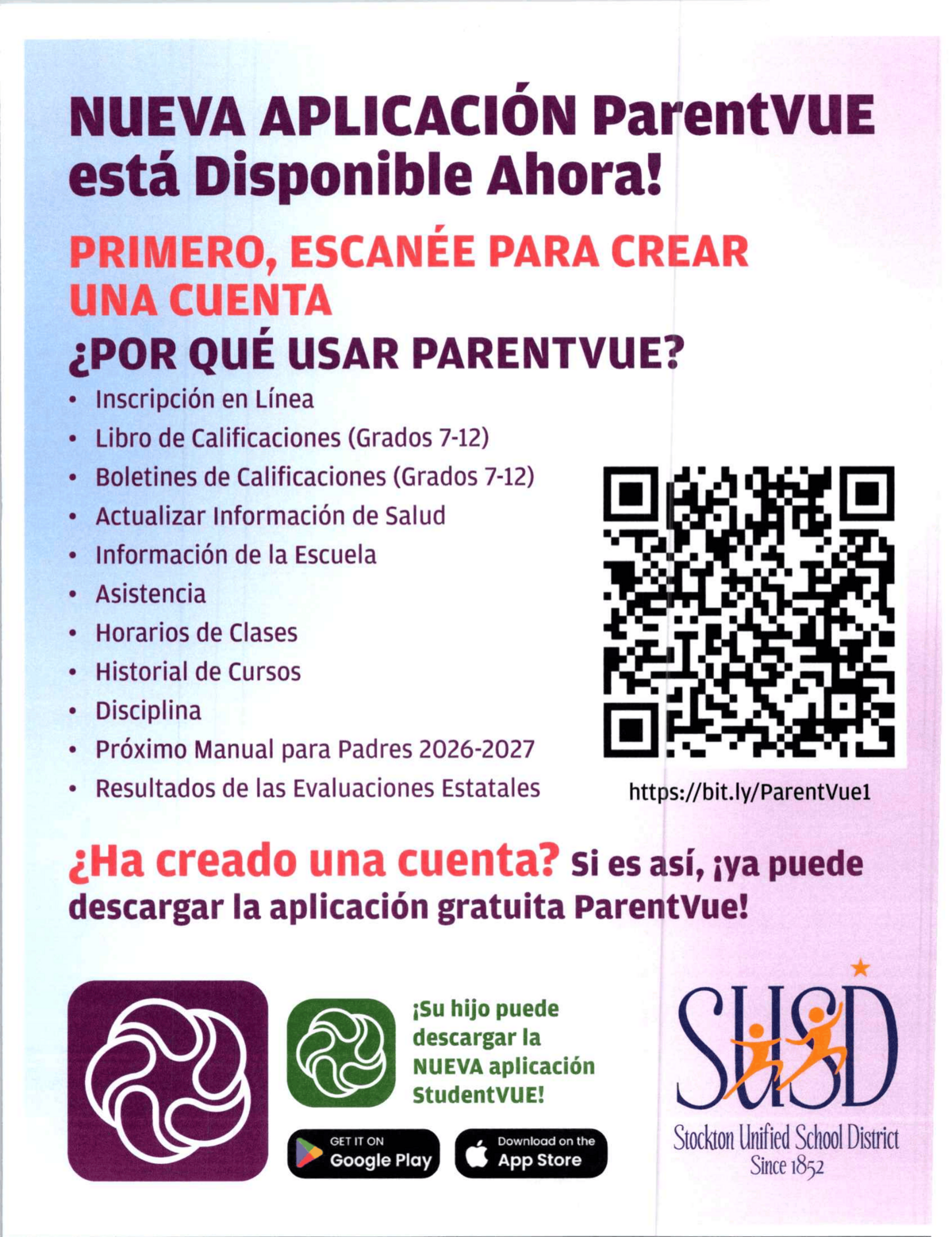 A flyer announces the new ParentVue application, instructing users to scan to create an account and listing its benefits.