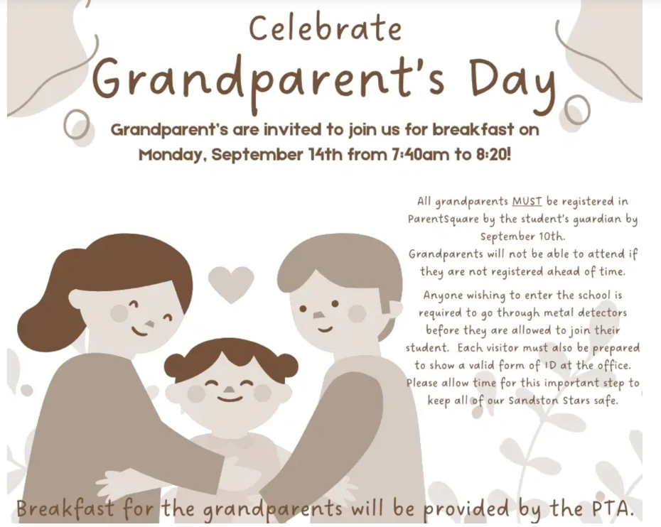 A flyer inviting grandparents to a school breakfast on Monday, September 14th, with illustrations of a family and registration details.