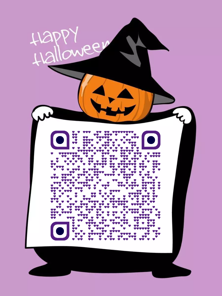 A cartoon pumpkin wearing a witch hat holds a large QR code made of tiny purple hearts.