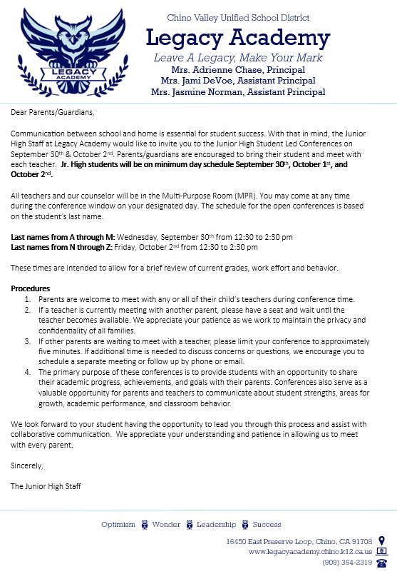 Jr. High Parent Conferences - September 30th and October 2nd